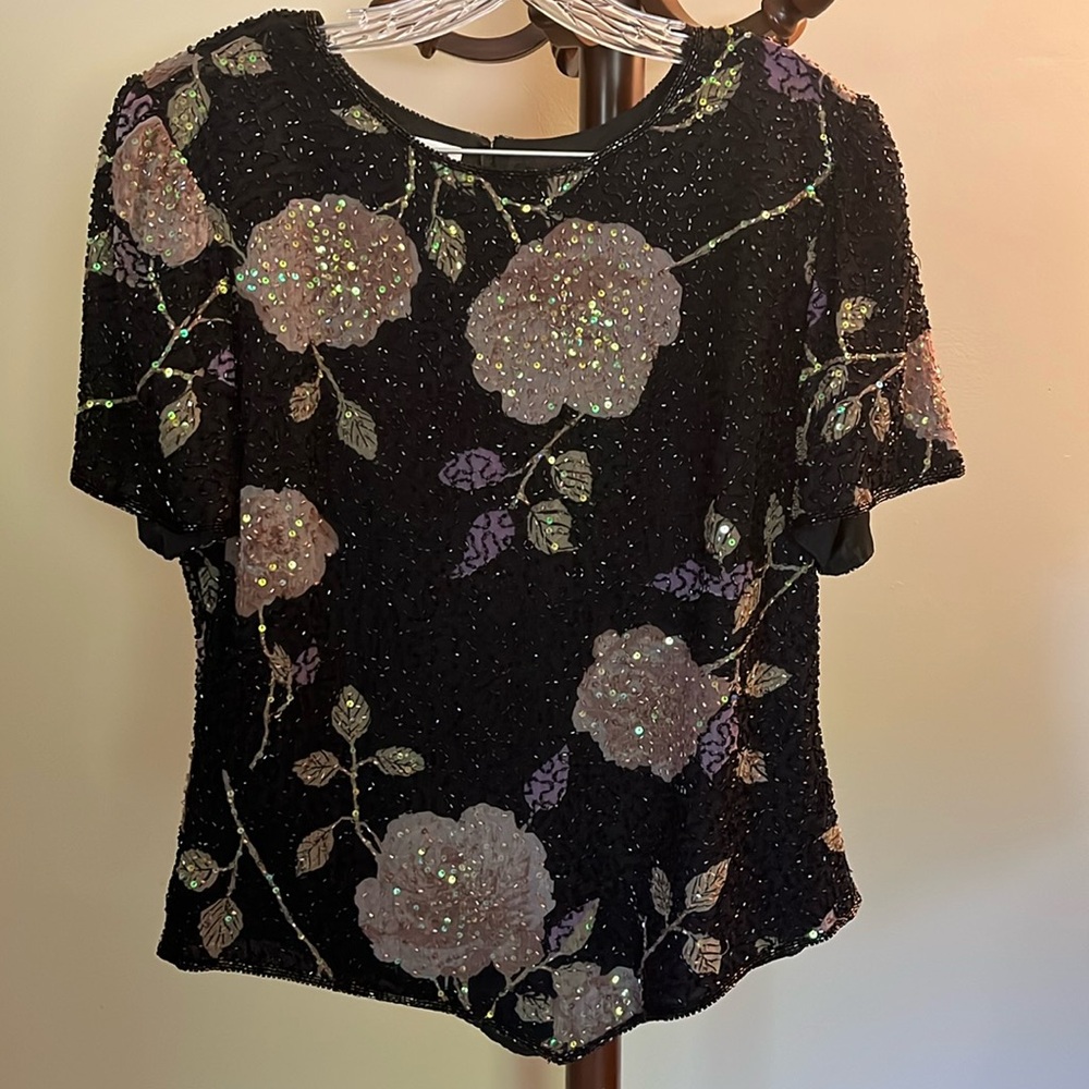 Vintage Beaded Floral Embellished Black Silk Blouse